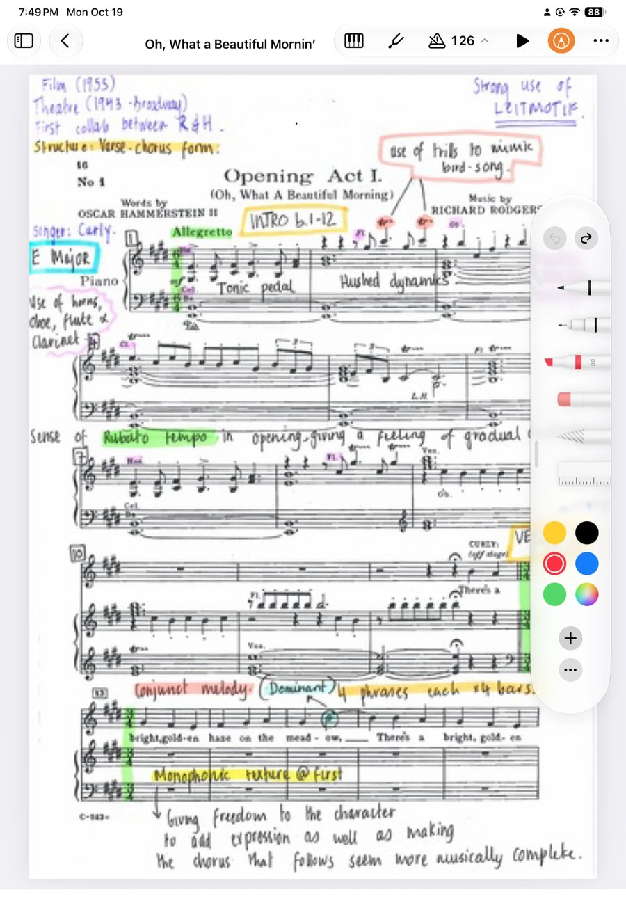 A score in Music Folder on iPad, marked up with handwritten notes and highlights in several colours, with the pen palette open