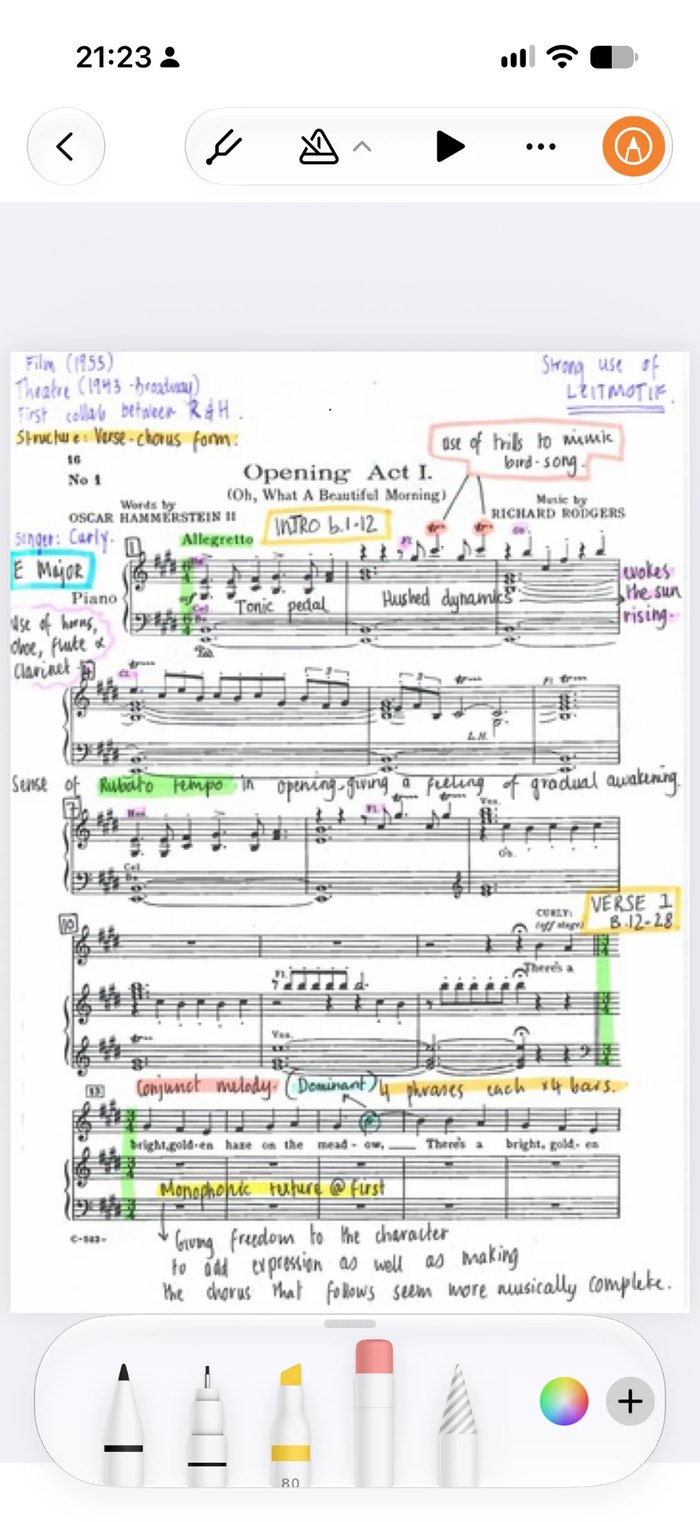 The same score on iPhone, with the same handwritten markings and highlights synced from the iPad