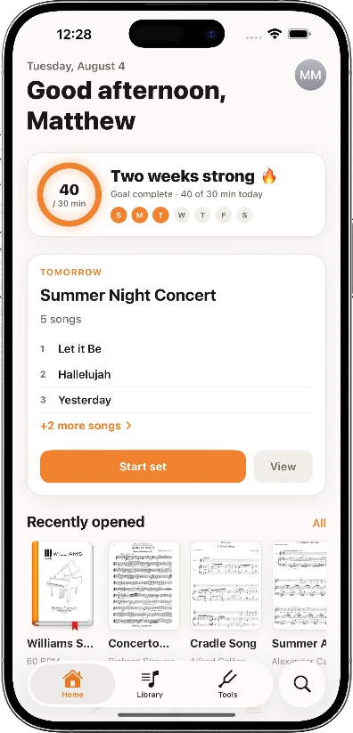 The Music Folder home screen on iPhone, with the practice streak and the next set list