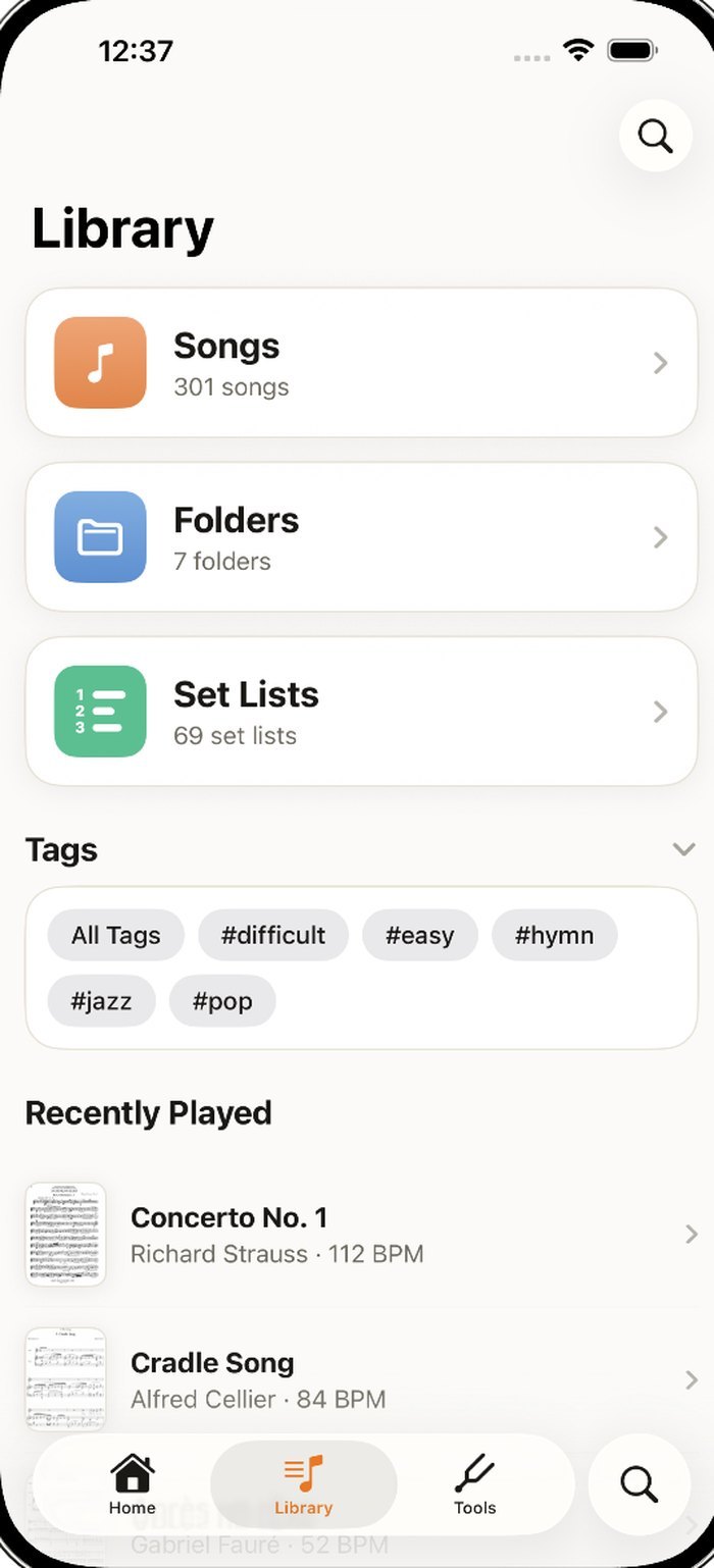 The Music Folder Library screen on iPhone: Songs, Folders and Set Lists, tags, and recently played scores