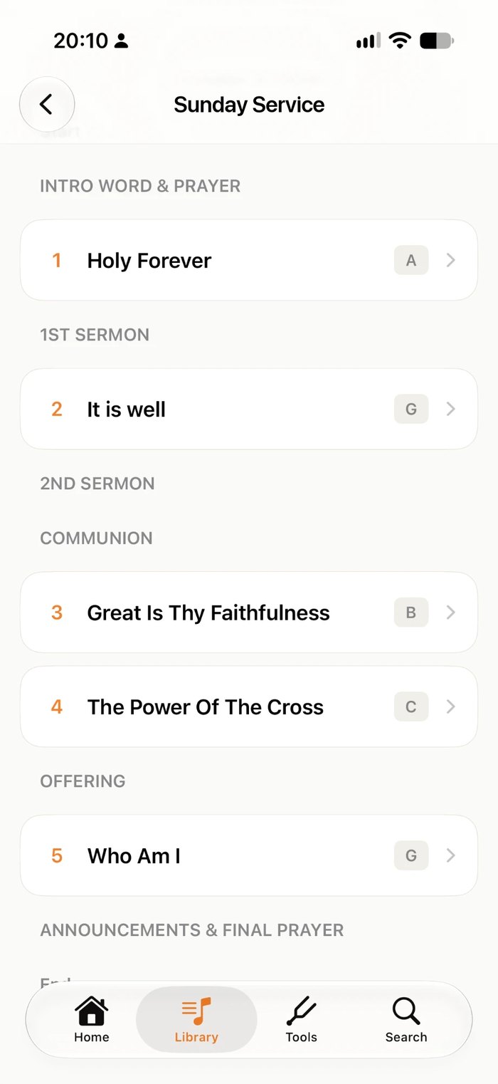 A Planning Center service plan in Music Folder on iPhone: the order of service with five songs, each with its key