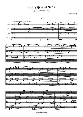 First pages of Widmung by Schumann, Lágrima by Tárrega and Dvořák’s “American” string quartet