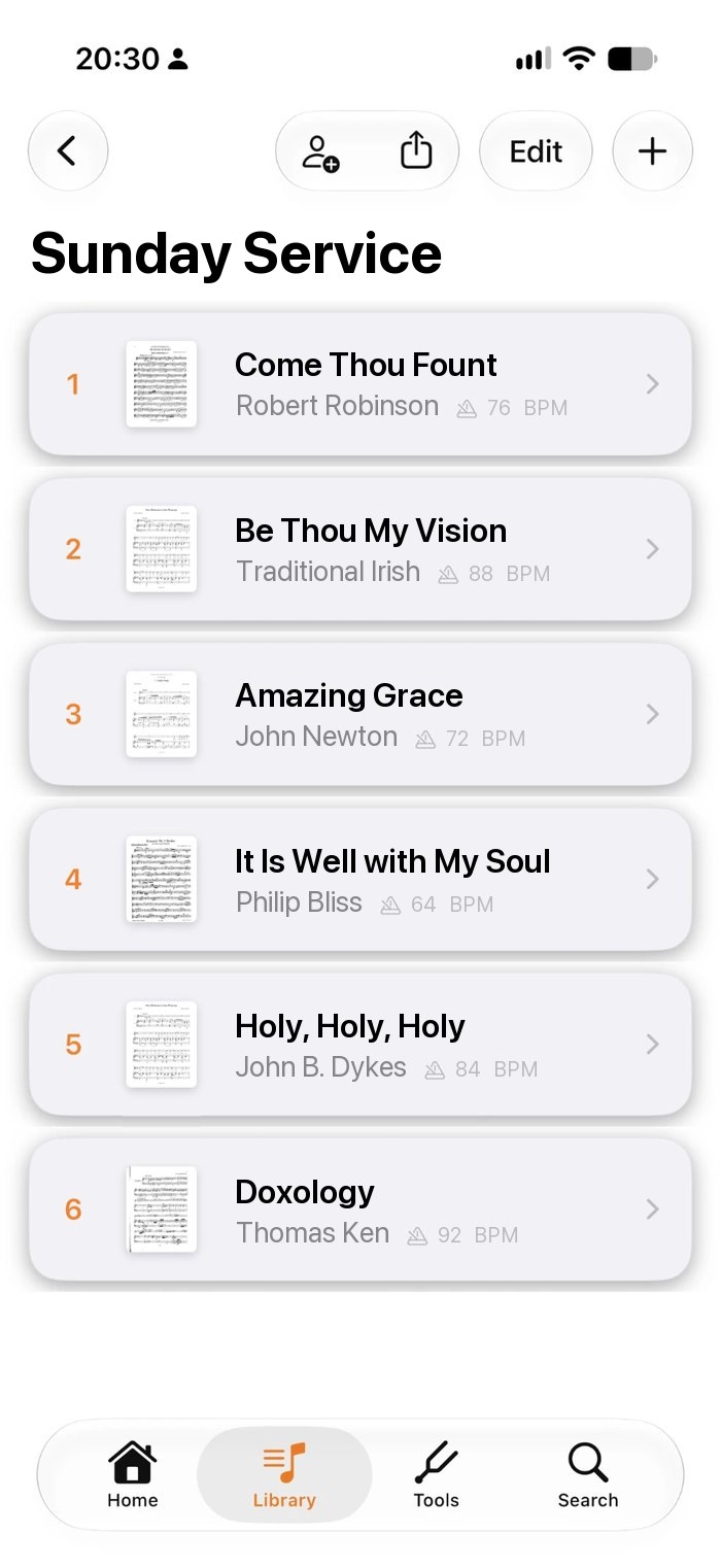 A set list called Sunday Service in Music Folder on iPhone: six hymns in order, each with author and tempo