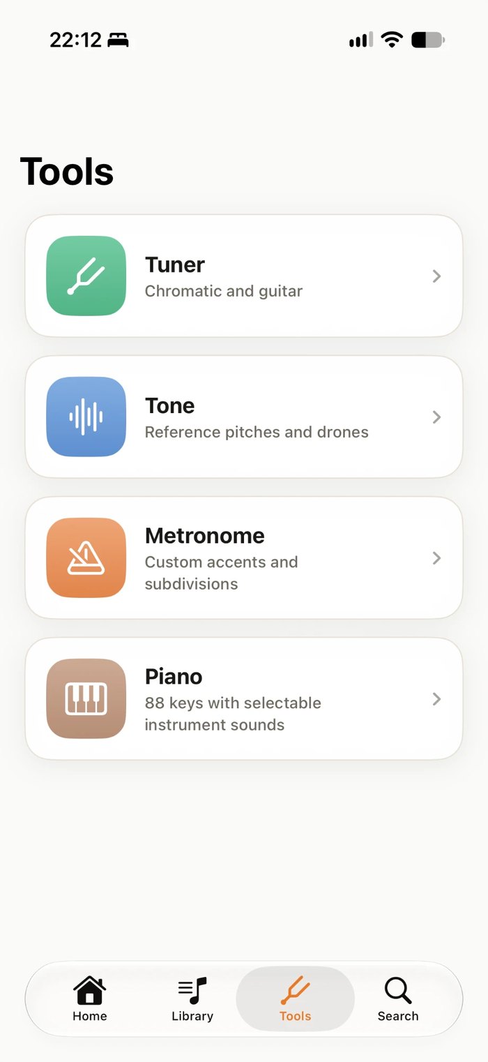 The Tools tab in Music Folder on iPhone: Tuner, Tone, Metronome and Piano